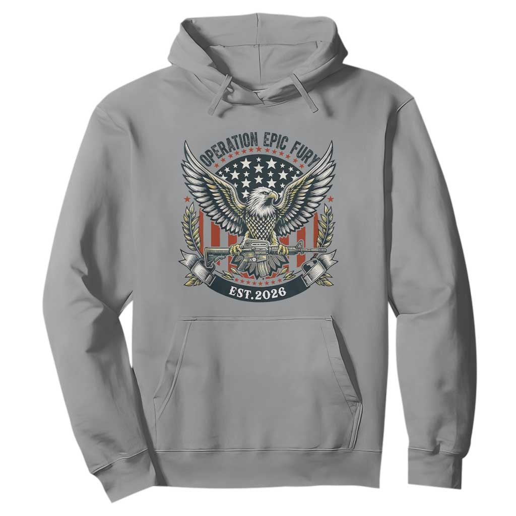 Operation Epic Fury Patriotic Eagle Crest Est 2026 Hoodie American Strength Freedom TS02 Sport Gray Print Your Wear