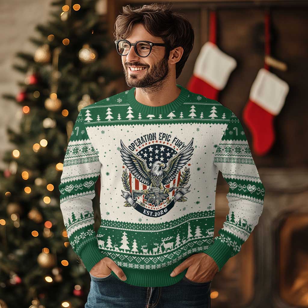 Operation Epic Fury Patriotic Eagle Crest Est 2026 Ugly Christmas Sweater American Strength Freedom TS02 Beige Green Print Your Wear