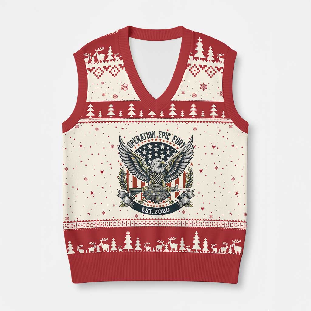 Operation Epic Fury Patriotic Eagle Crest Est 2026 V-Neck Knit Sweater Vest American Strength Freedom TS02 Beige Red Print Your Wear