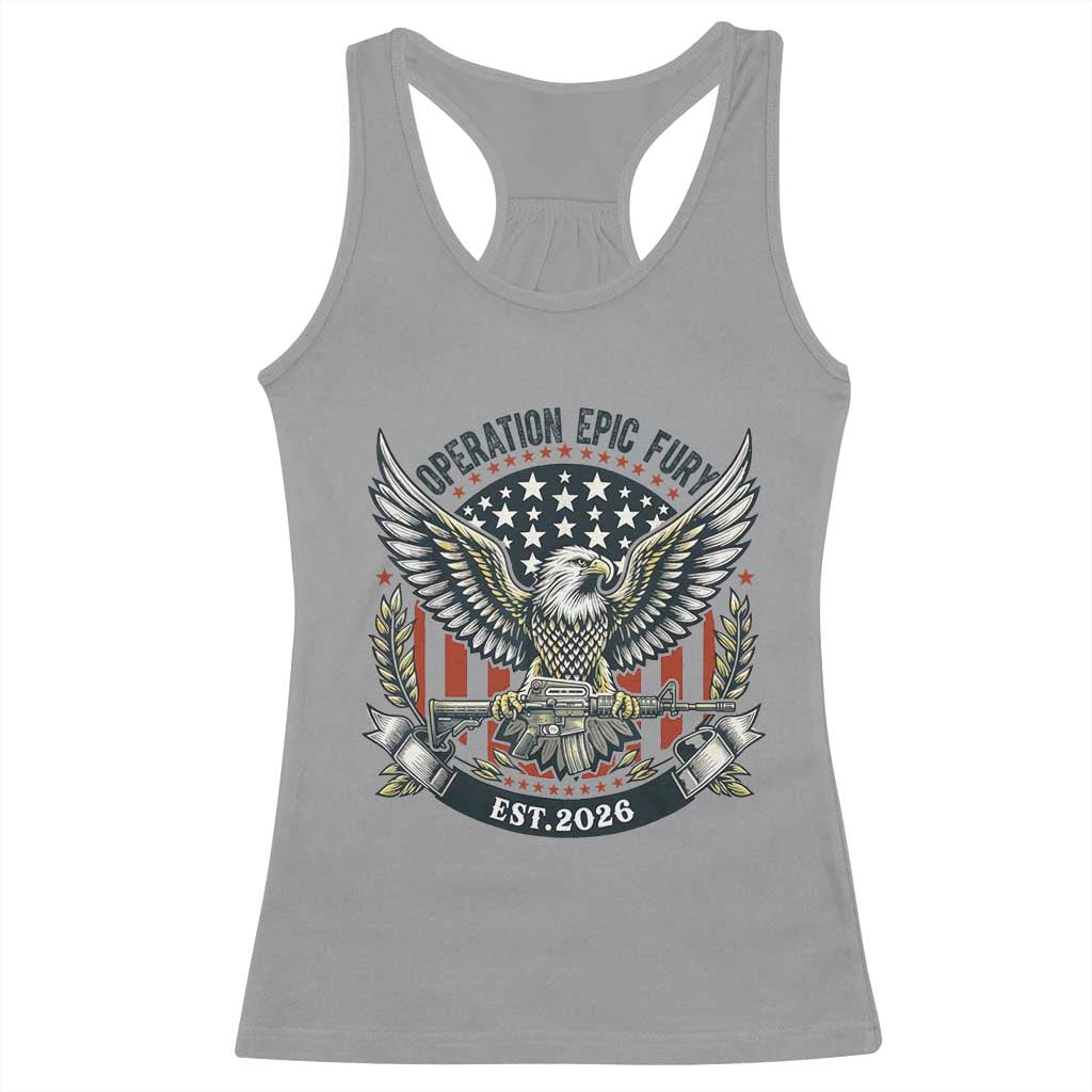 Operation Epic Fury Patriotic Eagle Crest Est 2026 Racerback Tank Top American Strength Freedom TS02 Sport Gray Print Your Wear