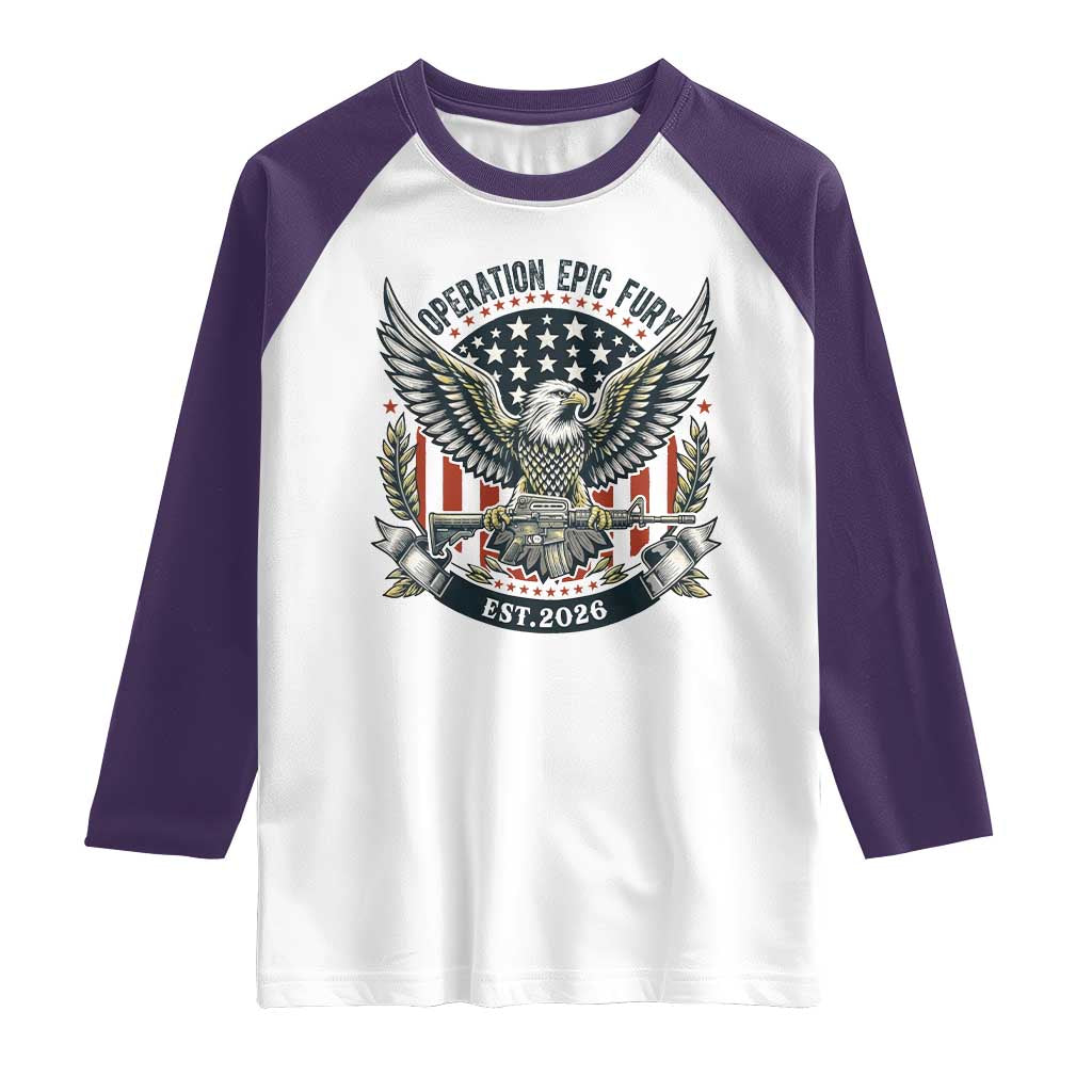 Operation Epic Fury Patriotic Eagle Crest Est 2026 Raglan Shirt American Strength Freedom TS02 White Purple Print Your Wear