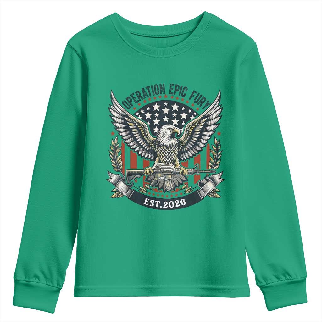 Operation Epic Fury Patriotic Eagle Crest Est 2026 Youth Sweatshirt American Strength Freedom TS02 Irish Green Print Your Wear