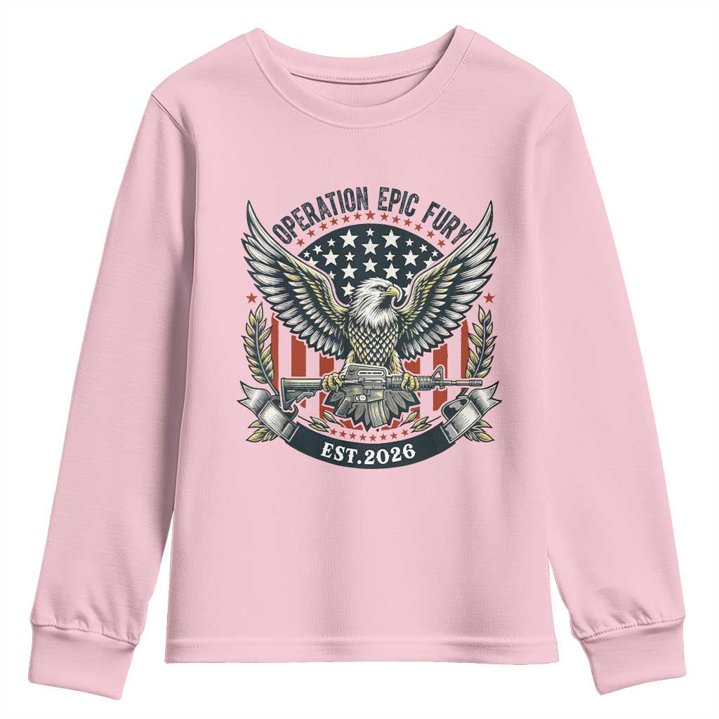 Operation Epic Fury Patriotic Eagle Crest Est 2026 Youth Sweatshirt American Strength Freedom TS02 Light Pink Print Your Wear
