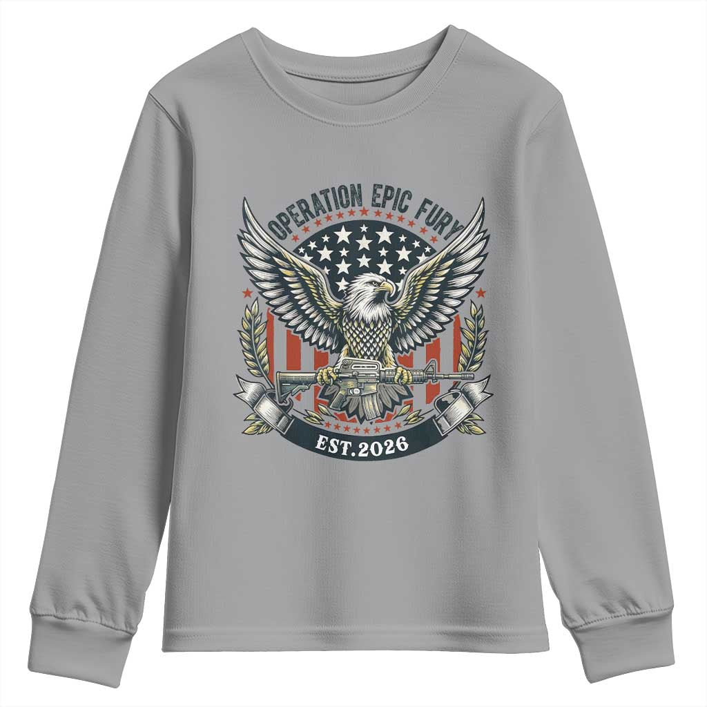 Operation Epic Fury Patriotic Eagle Crest Est 2026 Youth Sweatshirt American Strength Freedom TS02 Sport Gray Print Your Wear