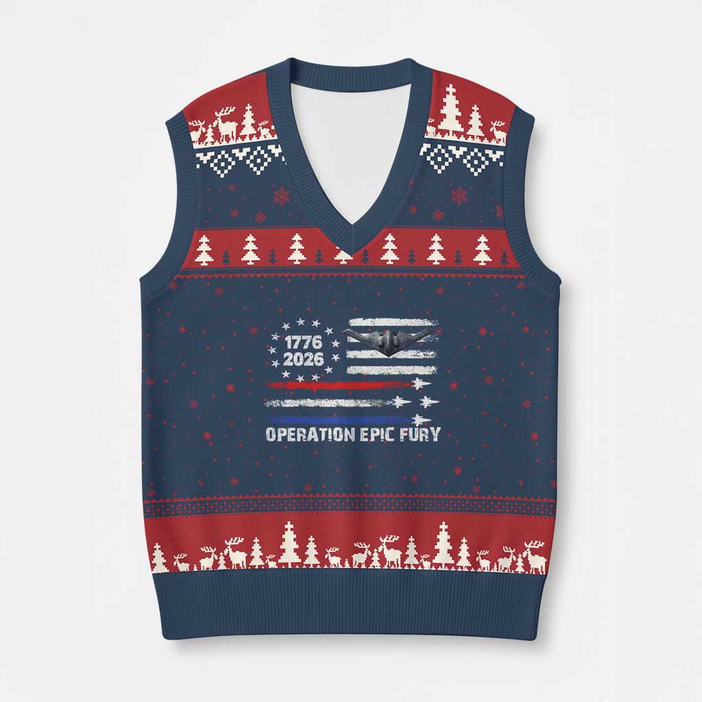 Operation Epic Fury 1776 2026 American Flag Aviation V-Neck Knit Sweater Vest Freedom Anniversary Statement TS02 Navy Red Print Your Wear