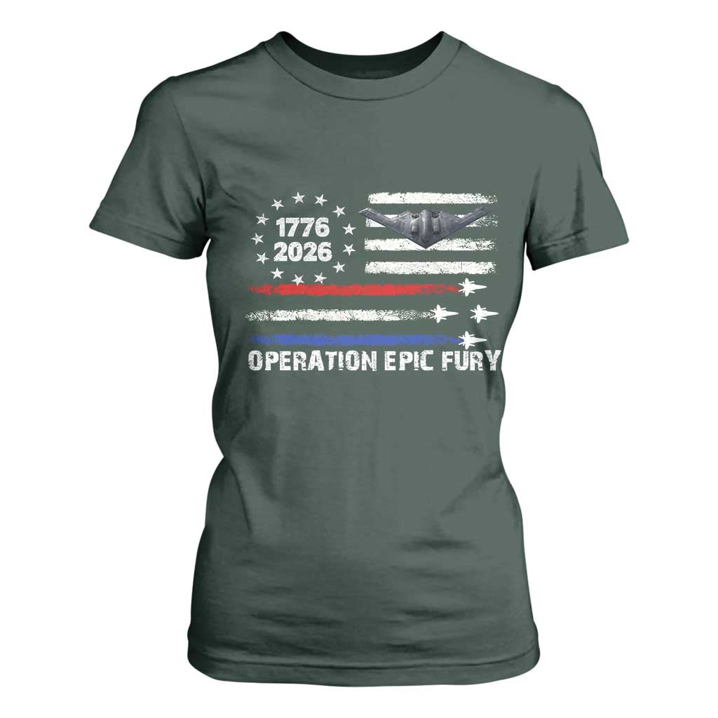 Operation Epic Fury 1776 2026 American Flag Aviation T Shirt For Women Freedom Anniversary Statement TS02 Dark Forest Green Print Your Wear