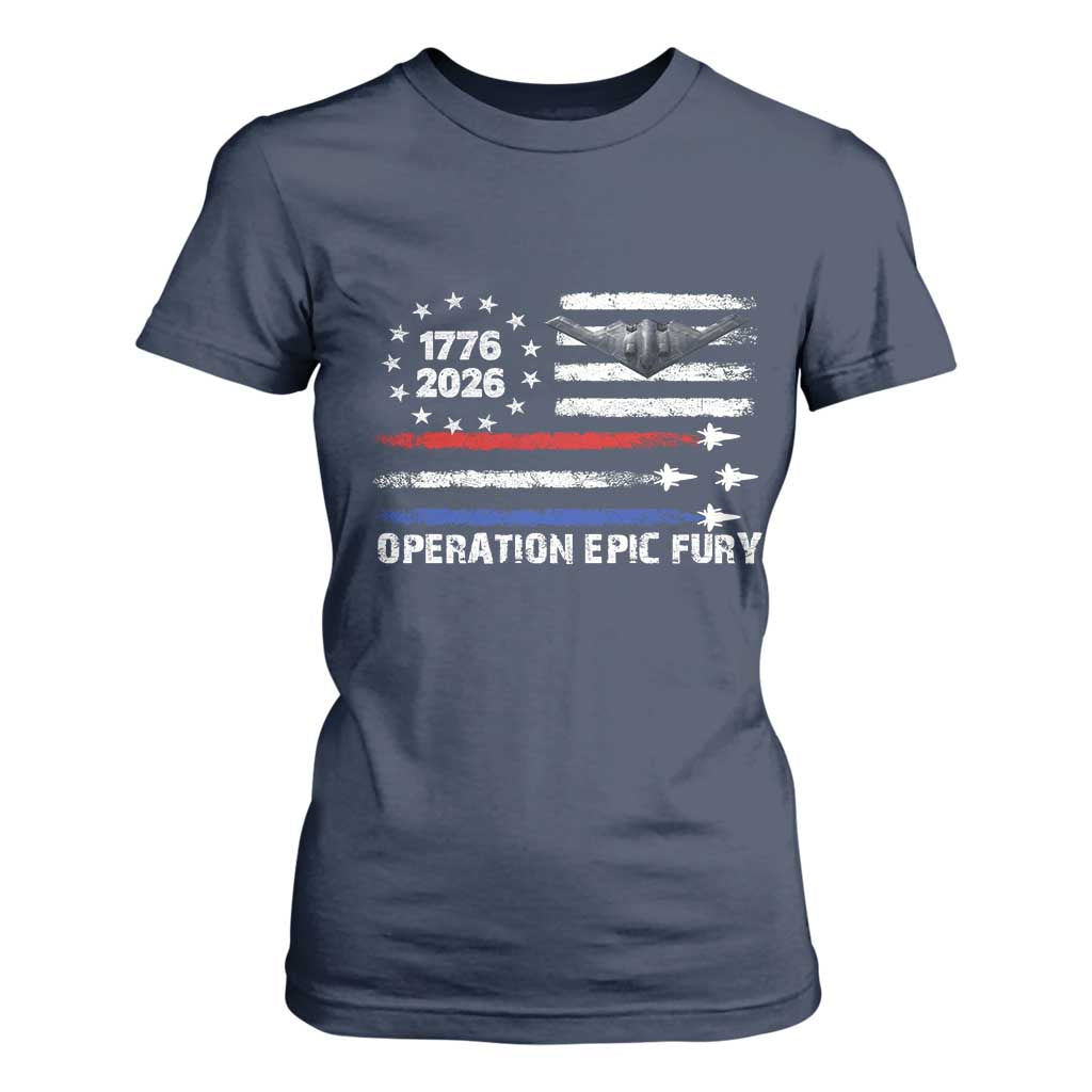 Operation Epic Fury 1776 2026 American Flag Aviation T Shirt For Women Freedom Anniversary Statement TS02 Navy Print Your Wear