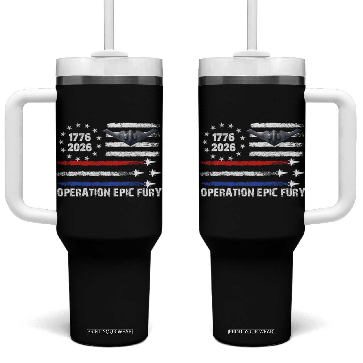 Operation Epic Fury 1776 2026 American Flag Aviation Tumbler With Handle Freedom Anniversary Statement TS02 One Size: 40 oz Black Print Your Wear