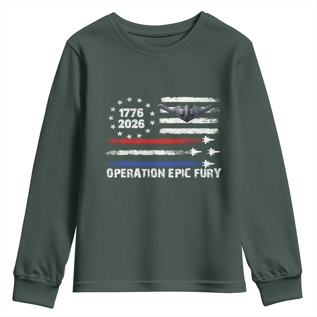 Operation Epic Fury 1776 2026 American Flag Aviation Youth Sweatshirt Freedom Anniversary Statement TS02 Dark Forest Green Print Your Wear