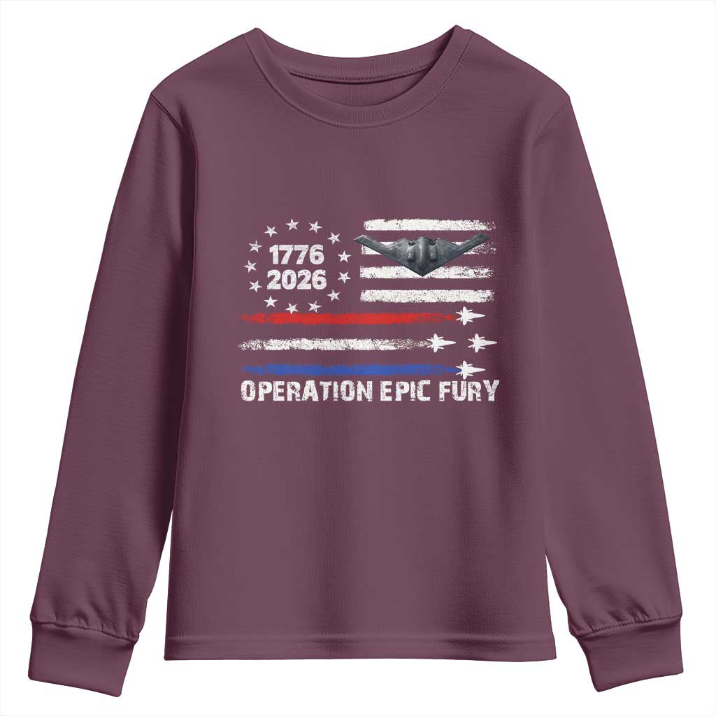 Operation Epic Fury 1776 2026 American Flag Aviation Youth Sweatshirt Freedom Anniversary Statement TS02 Maroon Print Your Wear