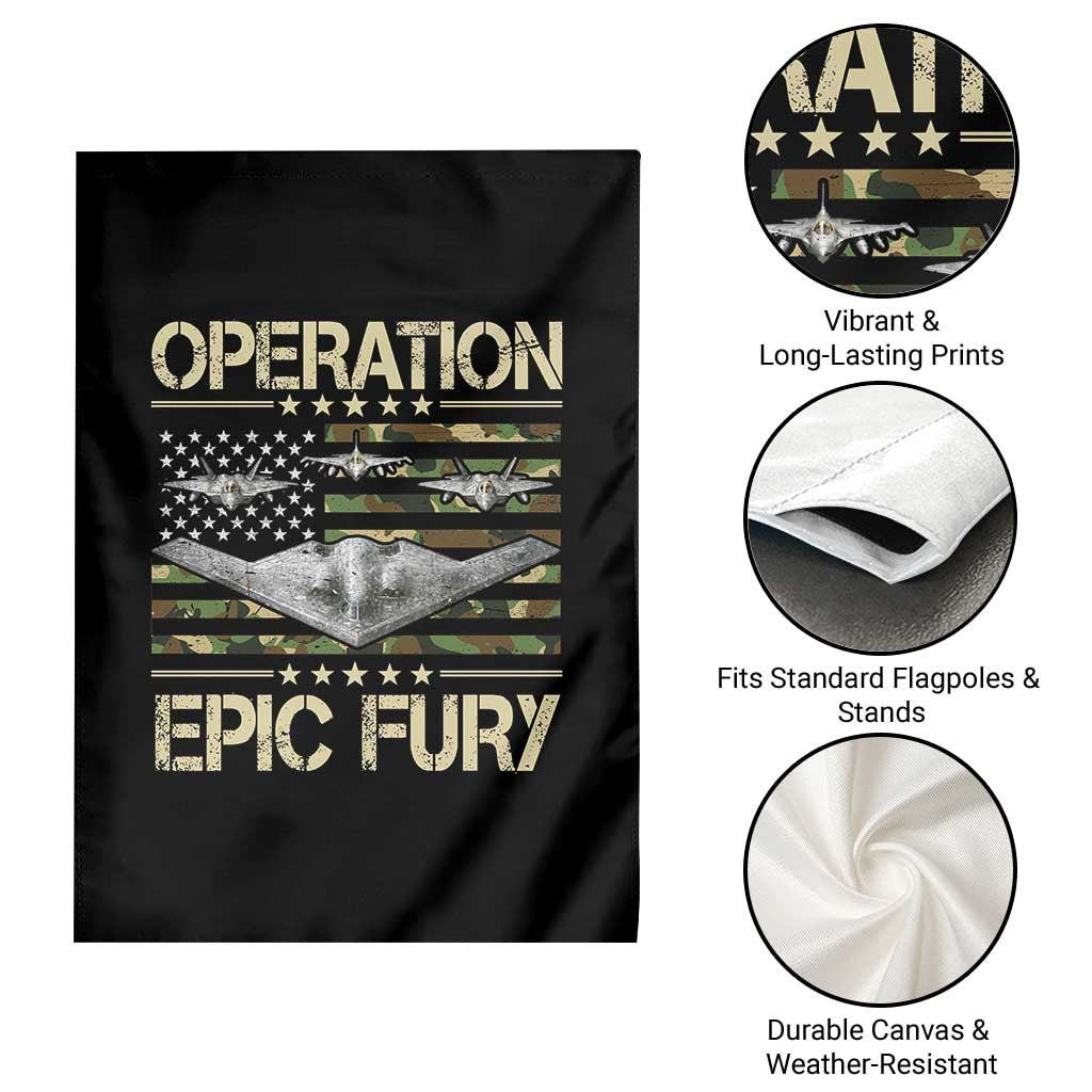 Operation Epic Fury Camo American Flag Garden Flag B12 Spirit Stealth Bomber Formation Patriotic Air Power TS02 Print Your Wear