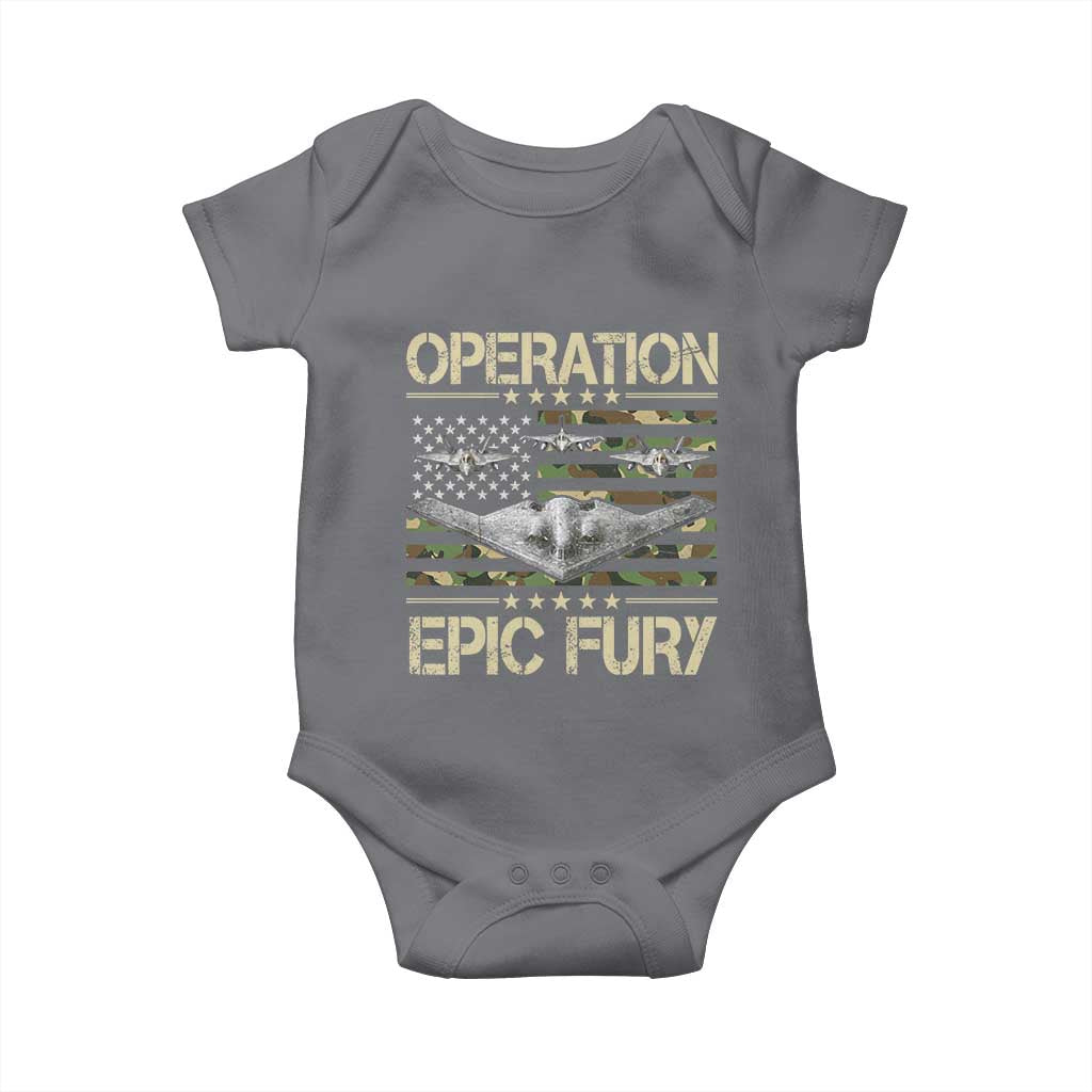 Operation Epic Fury Camo American Flag Baby Onesie B12 Spirit Stealth Bomber Formation Patriotic Air Power TS02 Charcoal Print Your Wear