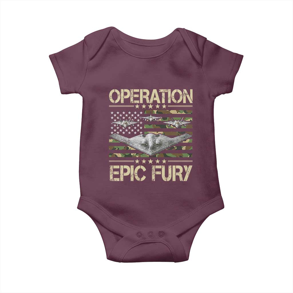 Operation Epic Fury Camo American Flag Baby Onesie B12 Spirit Stealth Bomber Formation Patriotic Air Power TS02 Maroon Print Your Wear