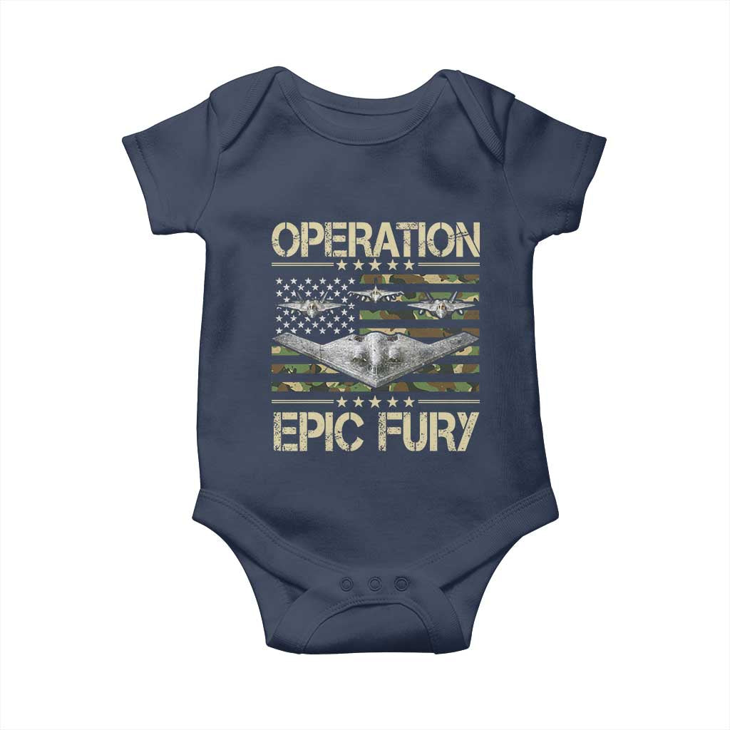 Operation Epic Fury Camo American Flag Baby Onesie B12 Spirit Stealth Bomber Formation Patriotic Air Power TS02 Navy Print Your Wear