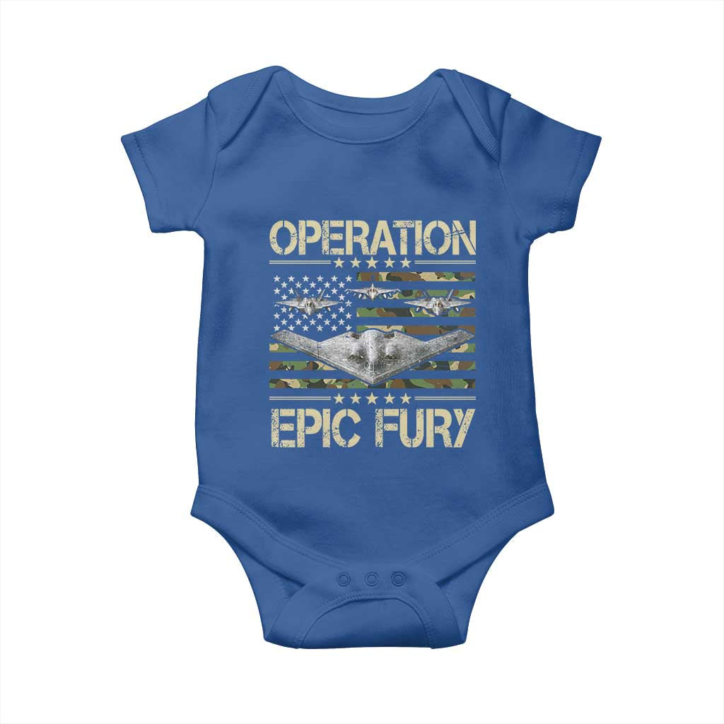 Operation Epic Fury Camo American Flag Baby Onesie B12 Spirit Stealth Bomber Formation Patriotic Air Power TS02 Royal Blue Print Your Wear