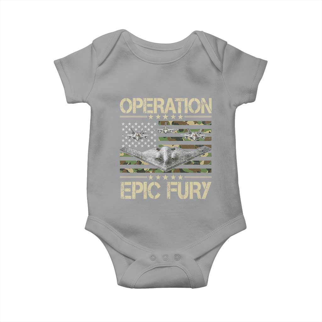 Operation Epic Fury Camo American Flag Baby Onesie B12 Spirit Stealth Bomber Formation Patriotic Air Power TS02 Sport Gray Print Your Wear