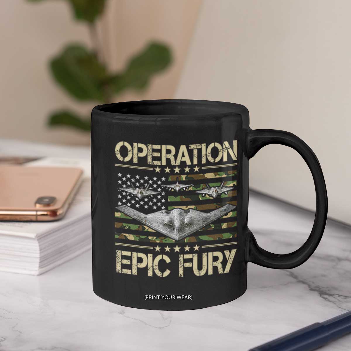 Operation Epic Fury Camo American Flag Coffee Mug B12 Spirit Stealth Bomber Formation Patriotic Air Power TS02 Print Your Wear