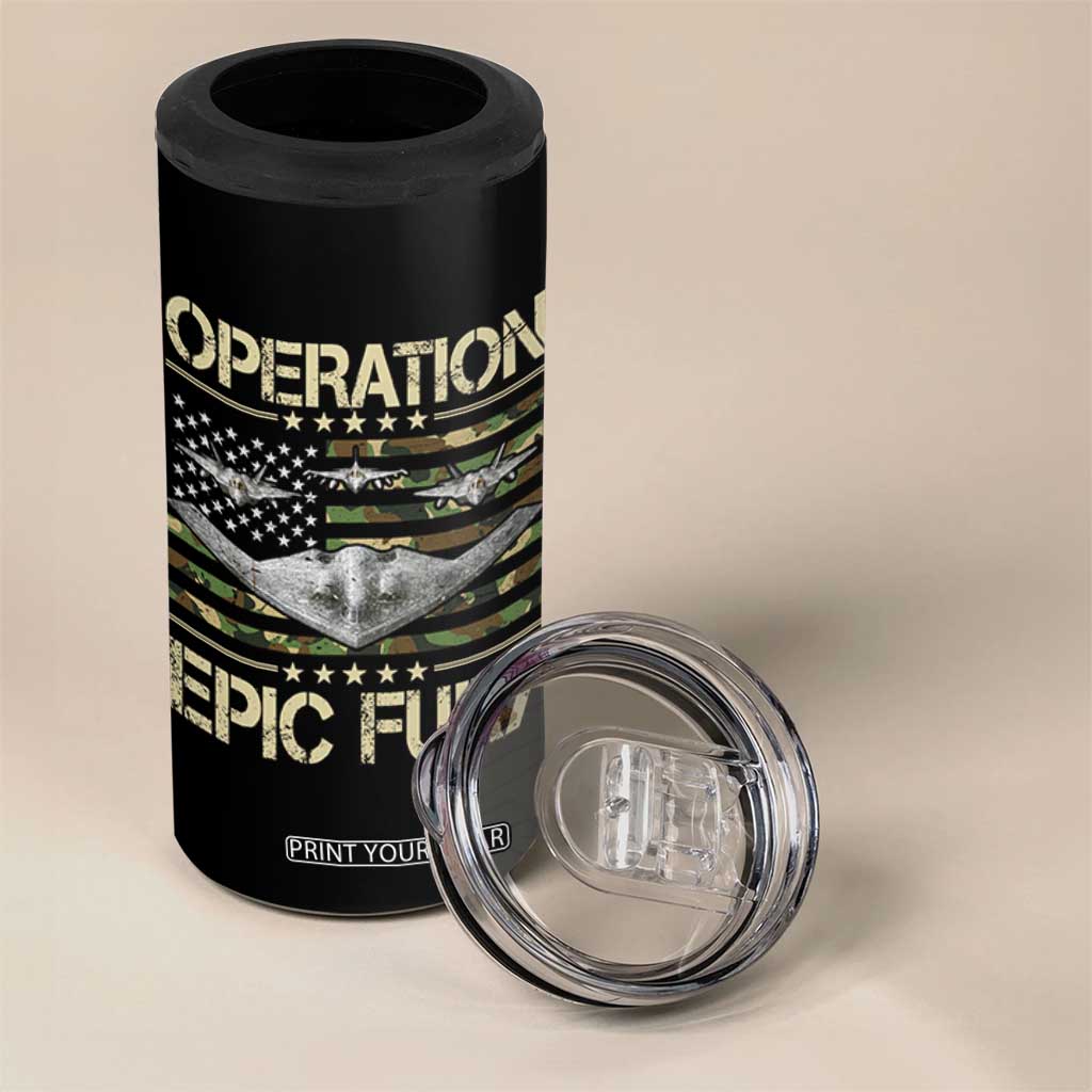 Operation Epic Fury Camo American Flag 4 in 1 Can Cooler Tumbler B12 Spirit Stealth Bomber Formation Patriotic Air Power TS02 Print Your Wear
