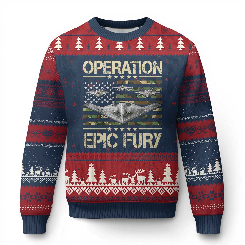 Operation Epic Fury Camo American Flag Ugly Christmas Sweater B12 Spirit Stealth Bomber Formation Patriotic Air Power TS02 Navy Red Print Your Wear