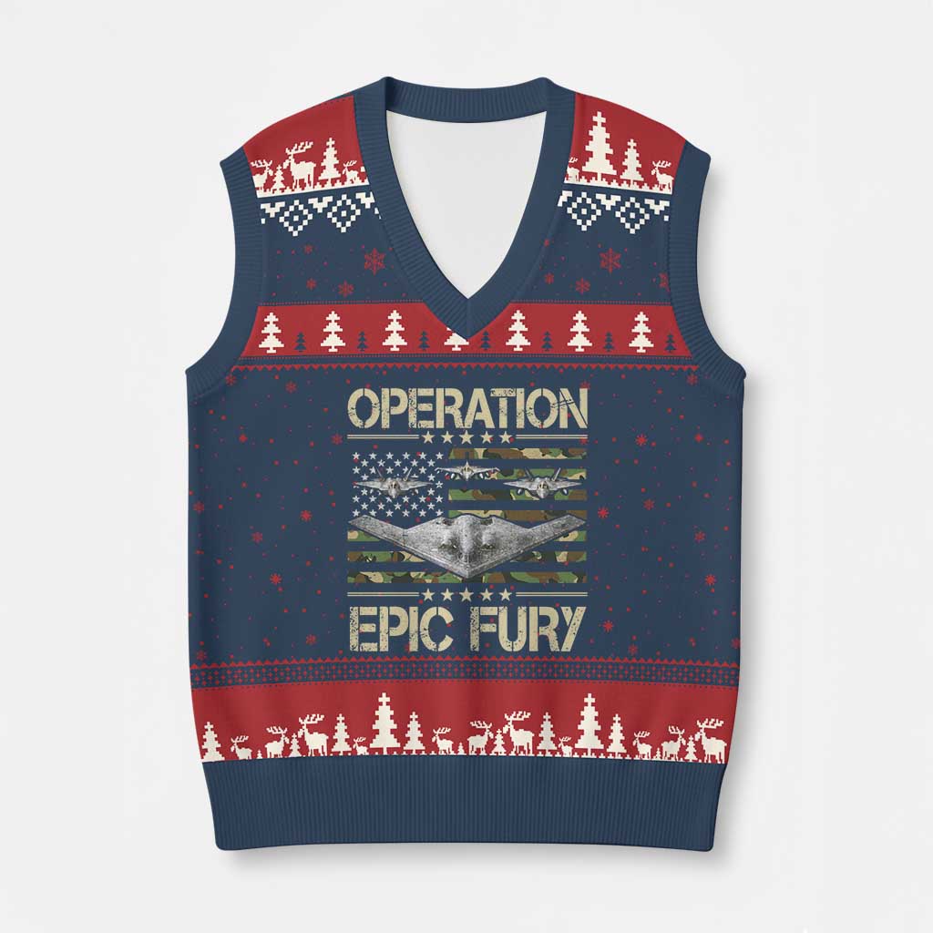 Operation Epic Fury Camo American Flag V-Neck Knit Sweater Vest B12 Spirit Stealth Bomber Formation Patriotic Air Power TS02 Navy Red Print Your Wear