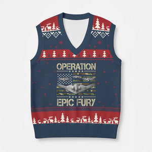 Operation Epic Fury Camo American Flag V-Neck Knit Sweater Vest B12 Spirit Stealth Bomber Formation Patriotic Air Power TS02 Navy Red Print Your Wear
