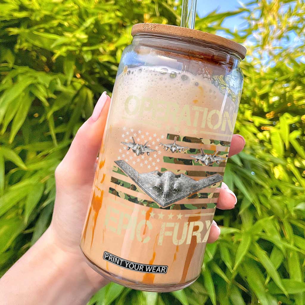Operation Epic Fury Camo American Flag Glass Can B12 Spirit Stealth Bomber Formation Patriotic Air Power TS02 Black Print Your Wear