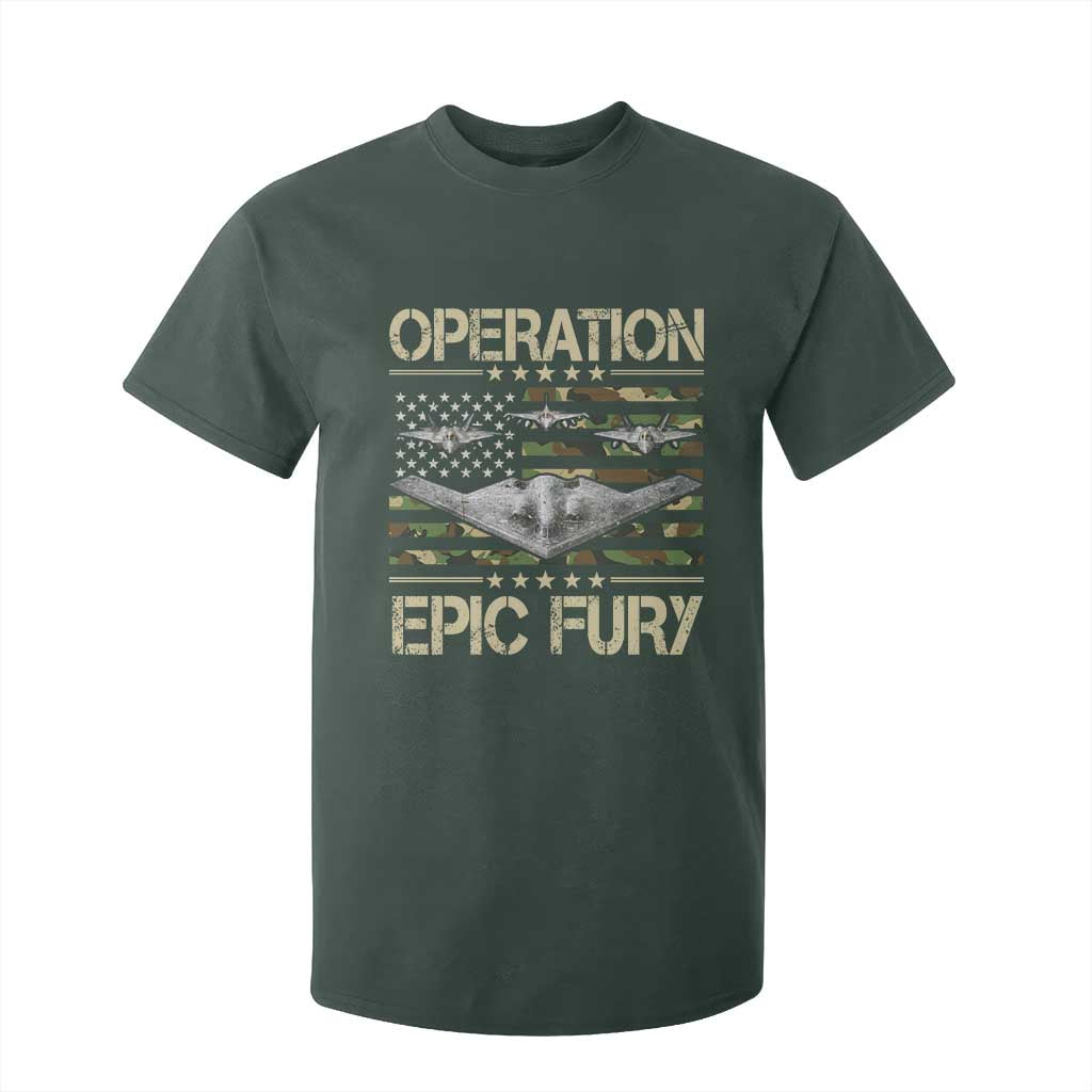 Operation Epic Fury Camo American Flag T Shirt For Kid B12 Spirit Stealth Bomber Formation Patriotic Air Power TS02 Dark Forest Green Print Your Wear
