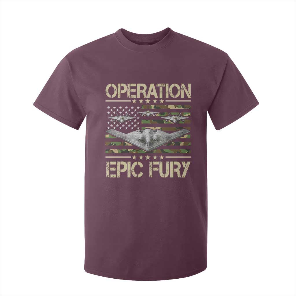 Operation Epic Fury Camo American Flag T Shirt For Kid B12 Spirit Stealth Bomber Formation Patriotic Air Power TS02 Maroon Print Your Wear