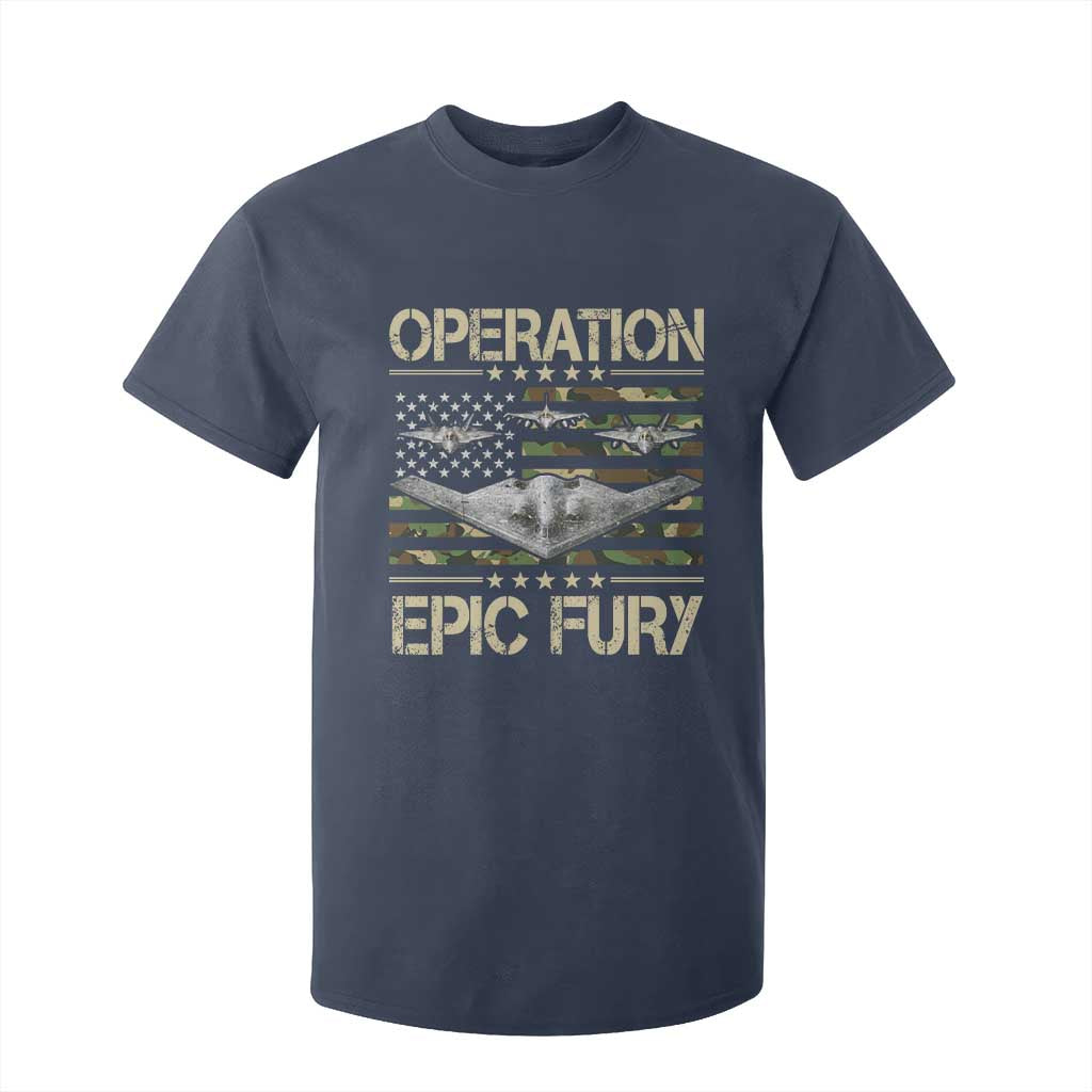Operation Epic Fury Camo American Flag T Shirt For Kid B12 Spirit Stealth Bomber Formation Patriotic Air Power TS02 Navy Print Your Wear