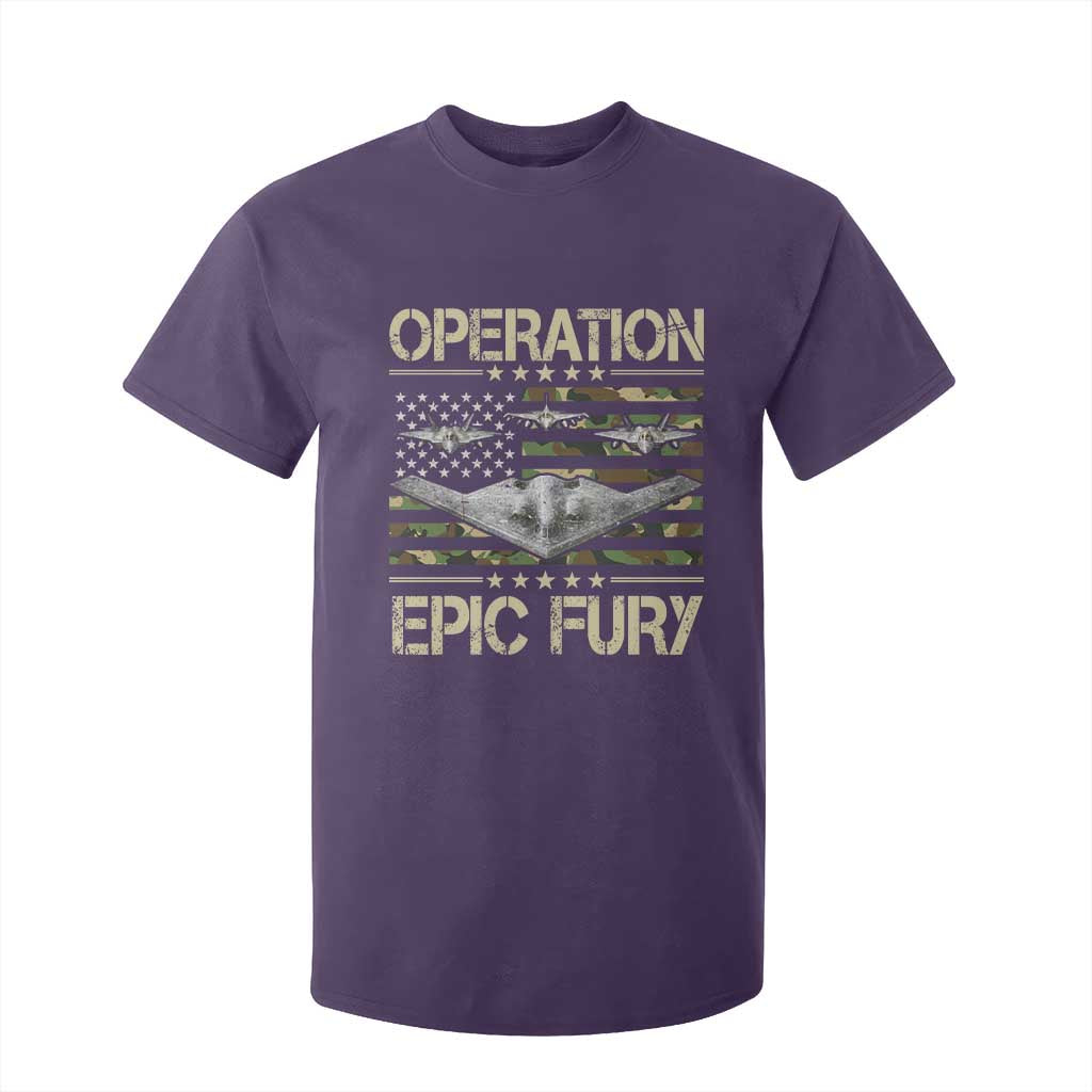 Operation Epic Fury Camo American Flag T Shirt For Kid B12 Spirit Stealth Bomber Formation Patriotic Air Power TS02 Purple Print Your Wear