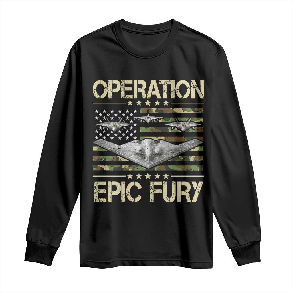 Operation Epic Fury Camo American Flag Long Sleeve Shirt B12 Spirit Stealth Bomber Formation Patriotic Air Power TS02 Black Print Your Wear