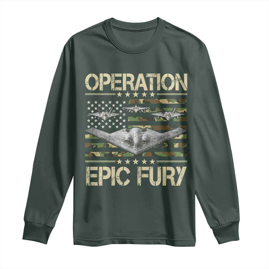 Operation Epic Fury Camo American Flag Long Sleeve Shirt B12 Spirit Stealth Bomber Formation Patriotic Air Power TS02 Dark Forest Green Print Your Wear