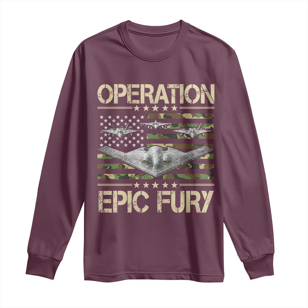 Operation Epic Fury Camo American Flag Long Sleeve Shirt B12 Spirit Stealth Bomber Formation Patriotic Air Power TS02 Maroon Print Your Wear