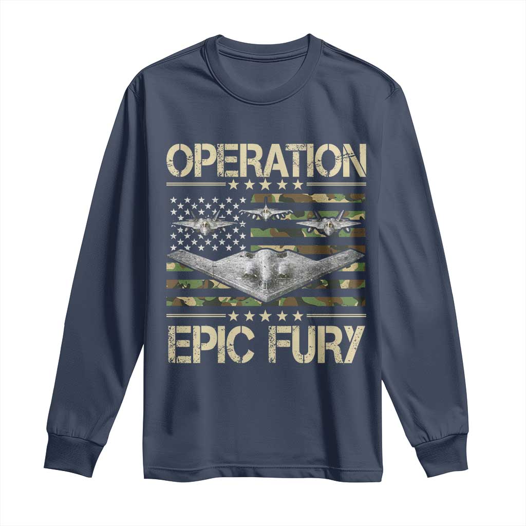 Operation Epic Fury Camo American Flag Long Sleeve Shirt B12 Spirit Stealth Bomber Formation Patriotic Air Power TS02 Navy Print Your Wear