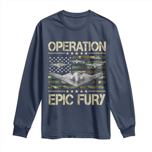 Operation Epic Fury Camo American Flag Long Sleeve Shirt B12 Spirit Stealth Bomber Formation Patriotic Air Power TS02 Navy Print Your Wear