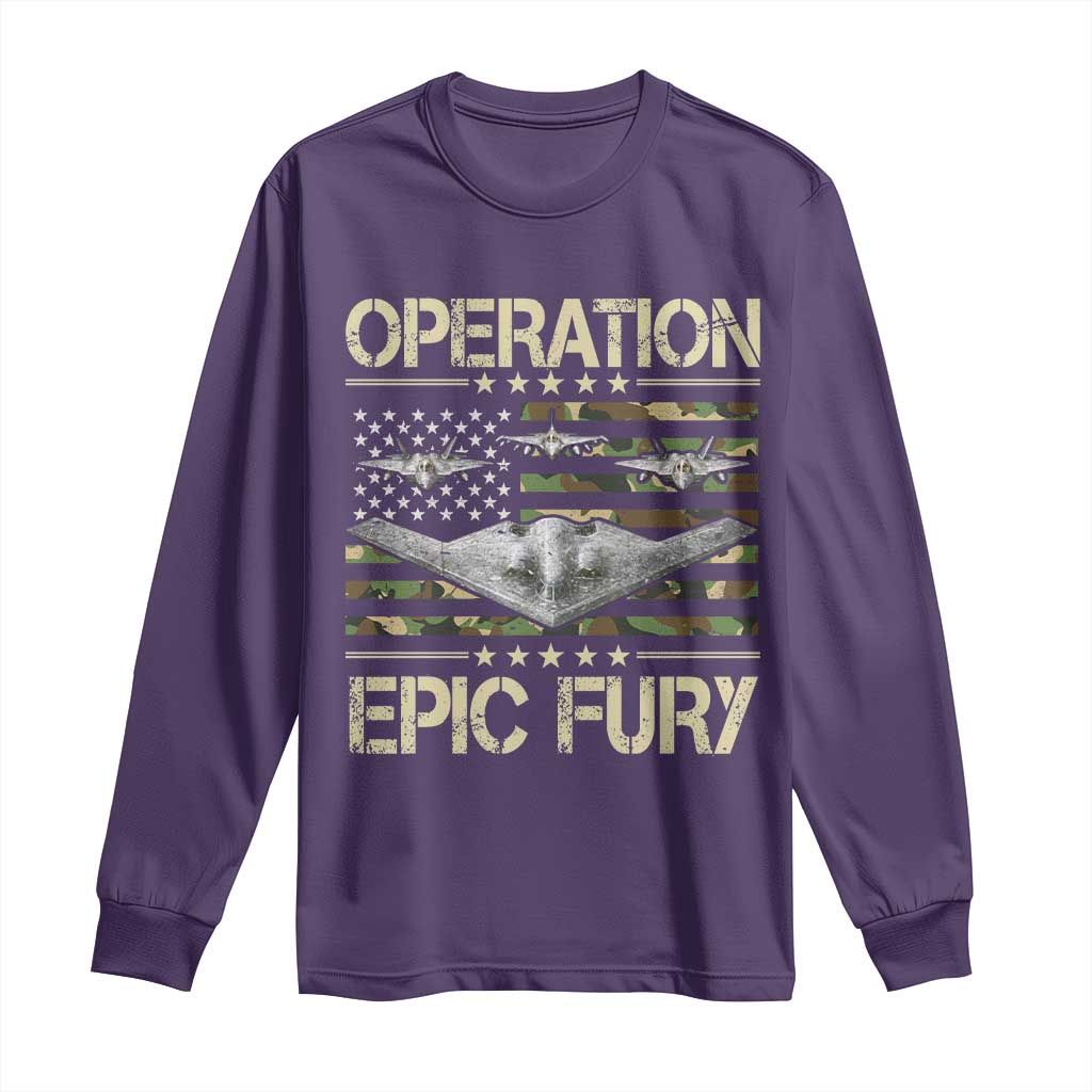 Operation Epic Fury Camo American Flag Long Sleeve Shirt B12 Spirit Stealth Bomber Formation Patriotic Air Power TS02 Purple Print Your Wear