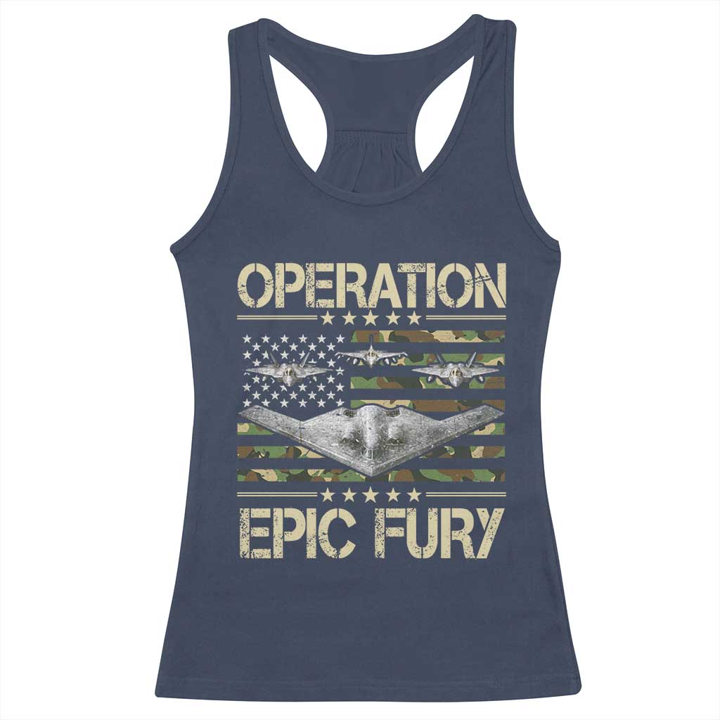 Operation Epic Fury Camo American Flag Racerback Tank Top B12 Spirit Stealth Bomber Formation Patriotic Air Power TS02 Navy Print Your Wear
