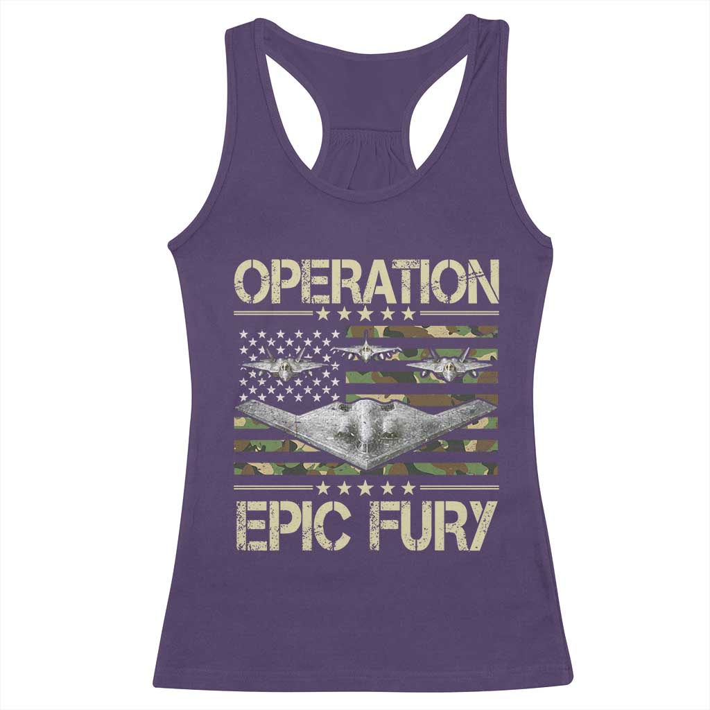 Operation Epic Fury Camo American Flag Racerback Tank Top B12 Spirit Stealth Bomber Formation Patriotic Air Power TS02 Purple Print Your Wear