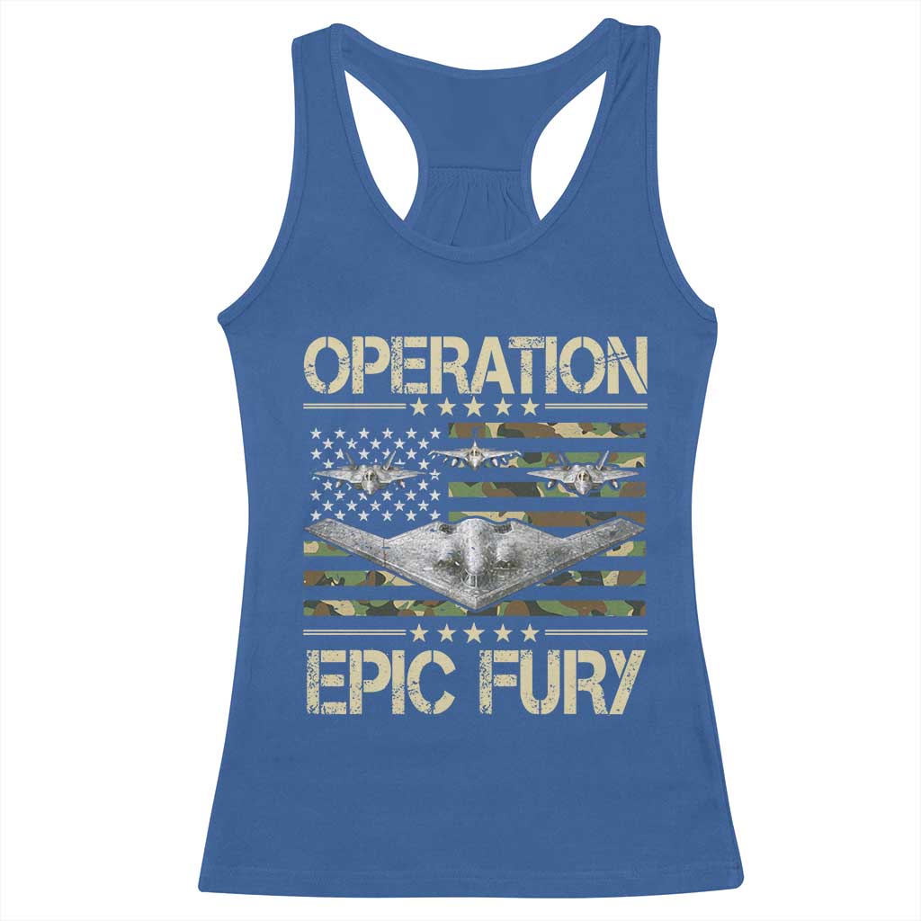 Operation Epic Fury Camo American Flag Racerback Tank Top B12 Spirit Stealth Bomber Formation Patriotic Air Power TS02 Royal Blue Print Your Wear