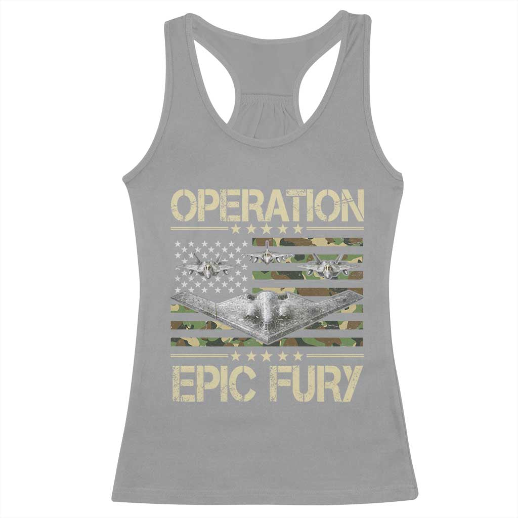 Operation Epic Fury Camo American Flag Racerback Tank Top B12 Spirit Stealth Bomber Formation Patriotic Air Power TS02 Sport Gray Print Your Wear