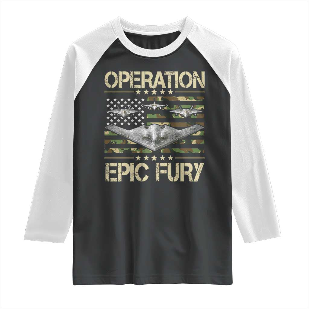 Operation Epic Fury Camo American Flag Raglan Shirt B12 Spirit Stealth Bomber Formation Patriotic Air Power TS02 Black White Print Your Wear