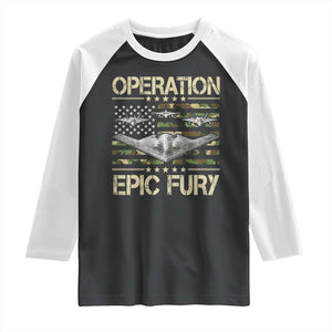 Operation Epic Fury Camo American Flag Raglan Shirt B12 Spirit Stealth Bomber Formation Patriotic Air Power TS02 Black White Print Your Wear