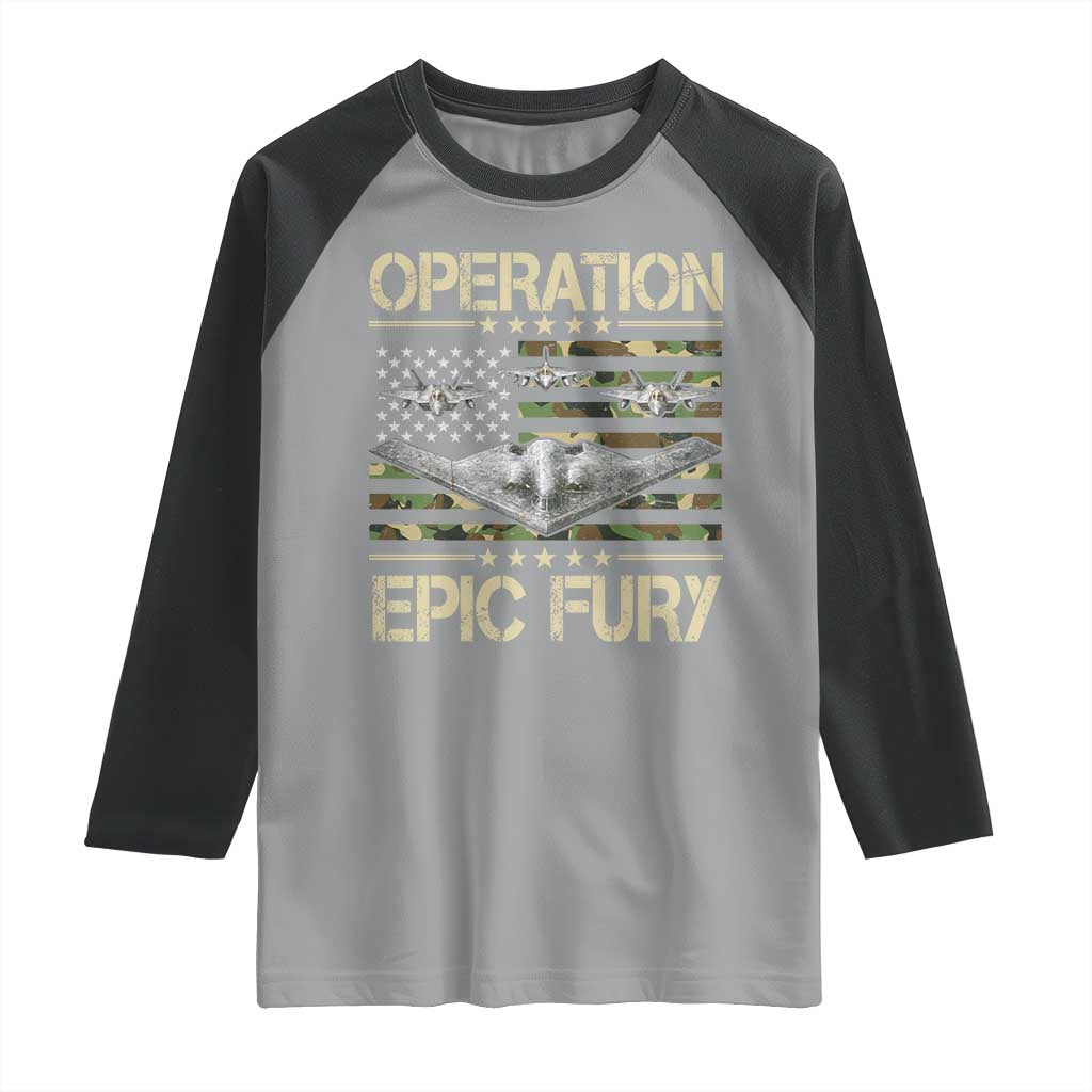 Operation Epic Fury Camo American Flag Raglan Shirt B12 Spirit Stealth Bomber Formation Patriotic Air Power TS02 Sport Gray Black Print Your Wear