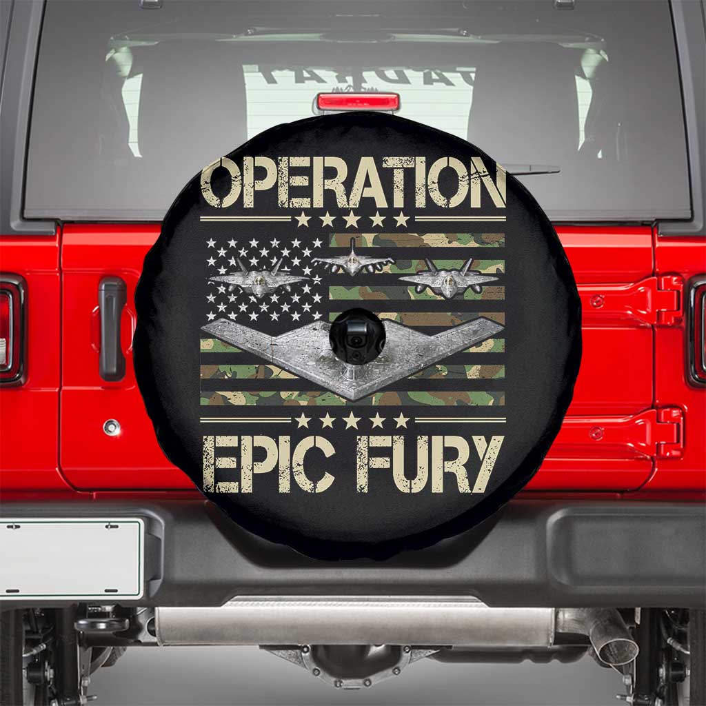Operation Epic Fury Camo American Flag Spare Tire Cover B12 Spirit Stealth Bomber Formation Patriotic Air Power TS02 Black Print Your Wear