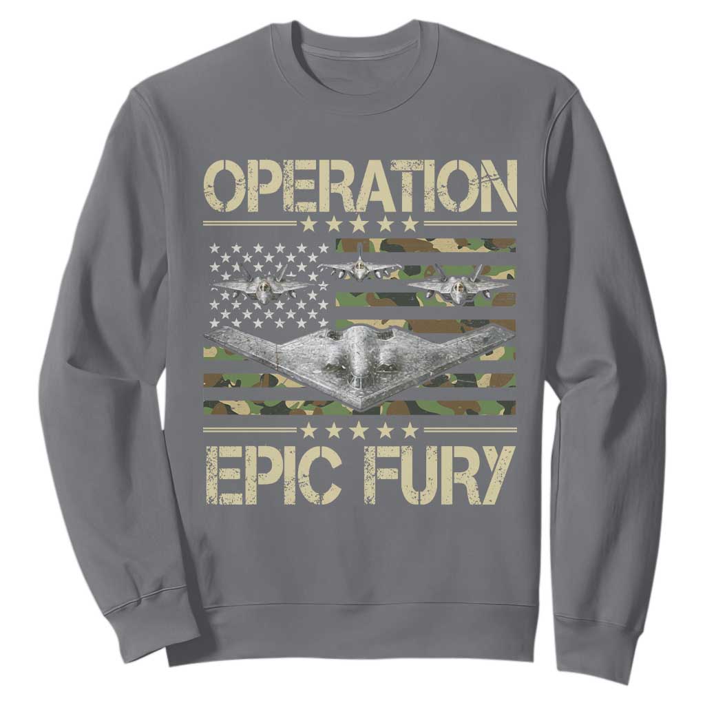 Operation Epic Fury Camo American Flag Sweatshirt B12 Spirit Stealth Bomber Formation Patriotic Air Power TS02 Charcoal Print Your Wear