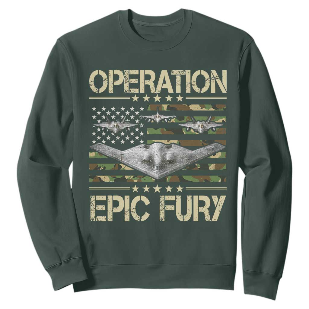 Operation Epic Fury Camo American Flag Sweatshirt B12 Spirit Stealth Bomber Formation Patriotic Air Power TS02 Dark Forest Green Print Your Wear