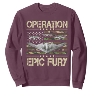 Operation Epic Fury Camo American Flag Sweatshirt B12 Spirit Stealth Bomber Formation Patriotic Air Power TS02 Maroon Print Your Wear