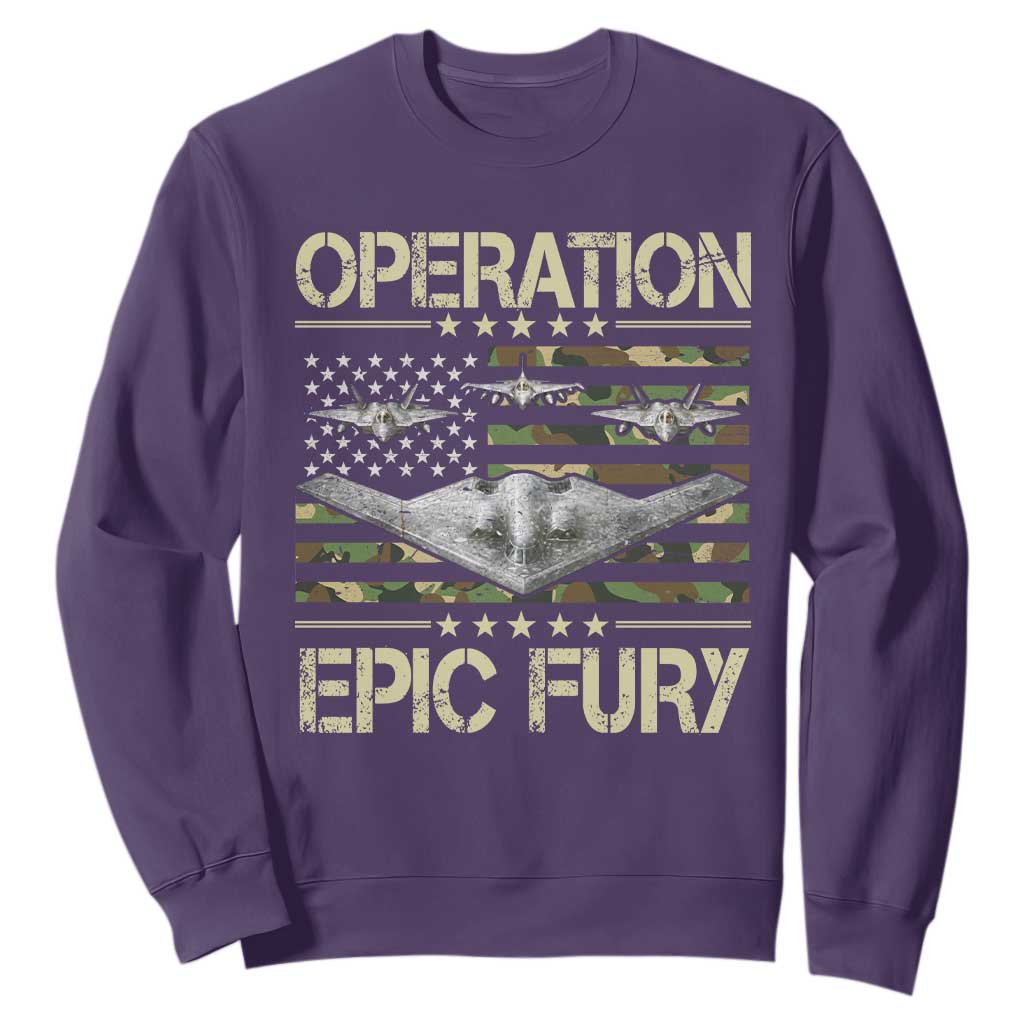 Operation Epic Fury Camo American Flag Sweatshirt B12 Spirit Stealth Bomber Formation Patriotic Air Power TS02 Purple Print Your Wear