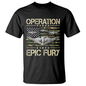 Operation Epic Fury Camo American Flag T Shirt B12 Spirit Stealth Bomber Formation Patriotic Air Power TS02 Black Print Your Wear