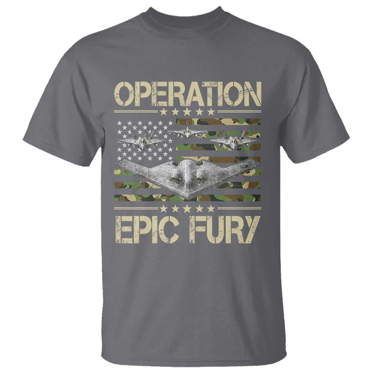 Operation Epic Fury Camo American Flag T Shirt B12 Spirit Stealth Bomber Formation Patriotic Air Power TS02 Charcoal Print Your Wear
